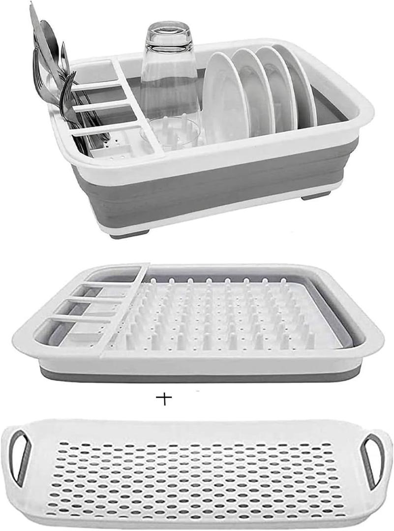 camper must haves dish drying rack Collapsible Dish Drying Rack Portable Dinnerware Drainer Organizer for Kitchen RV Campers Travel Trailers Space Saving Kitchen Storage Rack Tray (with Drainboard)
