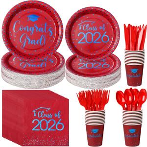 175pcs Class of 2026 Graduation Plates and Napkins Set, Disposable Paper Plate Set Polka Dots Plates Napkins Cups Knife Fork Spoon for Graduation Party Decorations and Supplies,Serve 25 (Red Blue)