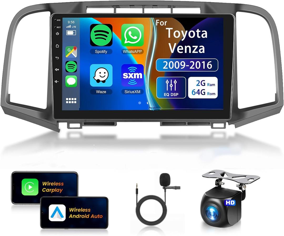 Car Stereo for Toyota Venza 2009-2016 [2+64G] Wireless Carplay/Android Auto,Android13 Car Stereo 9Inch Touch Screen GPS WiFi EQ 28UI DSP Bluetooth FM/RDS Mirror Link SWC+AHD Backup Camera