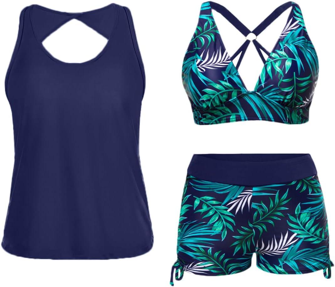 Yonique 3 Piece Tankini Swimsuits for Women Swim Tank Top Bathing Suits with Boy Shorts and Bra Athletic Swimwear (X-Large, Navy Blue Green Leaf)
