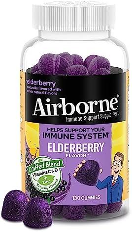Airborne Elderberry + Zinc & Vitamin C Gummies for Adults, Immune Support with Antioxidants Vitamins C, D & E, 130 Count, Elderberry Flavor. EXP 12/2026