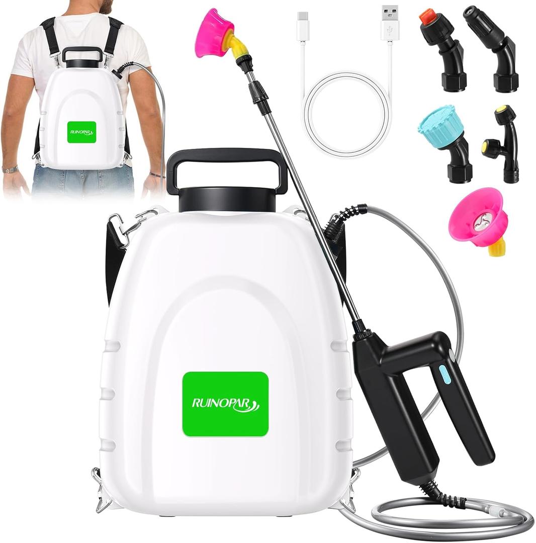 Battery Powered Sprayer 3.2 Gallon,Powerful Electric Sprayer with 5 Mist Nozzles,Rechargeable Handle, 41 in Retractable Wand,Adjustable Shoulder Strap,for Lawn,Gardening,Cleaning
