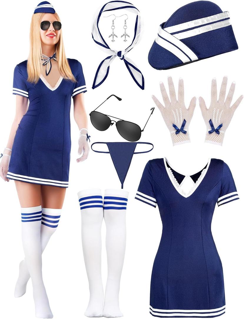 Mepase 8 Pcs Women Flight Attendant Costume Outfits Accessories Halloween Retro Airline Stewardess Outfit for Women Ladies Cosplay Halloween Party