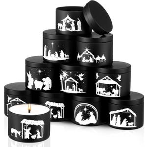 Willinglong 10 Pack Jesus Advent Candle Tins 4 oz Nativity Theme Empty Candle Jars with Lids Black for Making Candles DIY Christmas Catholic Christian Church Gift, Exquisitely Packaged