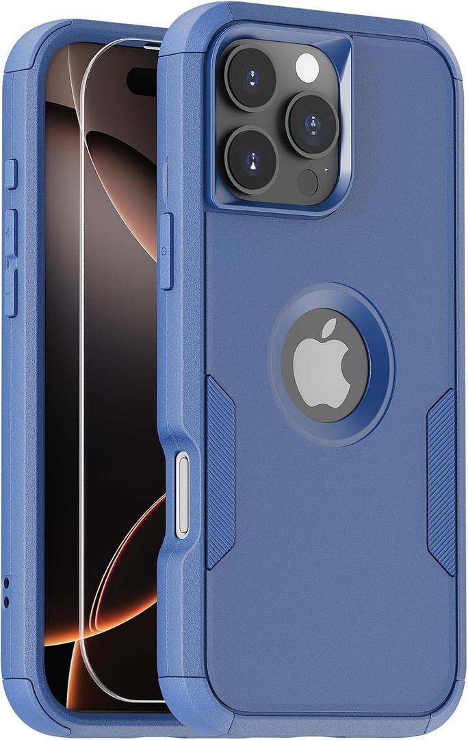 pdxox for iPhone 16 Pro Max Heavy Duty Protection Case, 3-Layers Anti-Slip Full Body Protective Drop Protection Shockproof with 1 Screen Protector for Apple iPhone 16 Pro Max6.9'' Sea blue