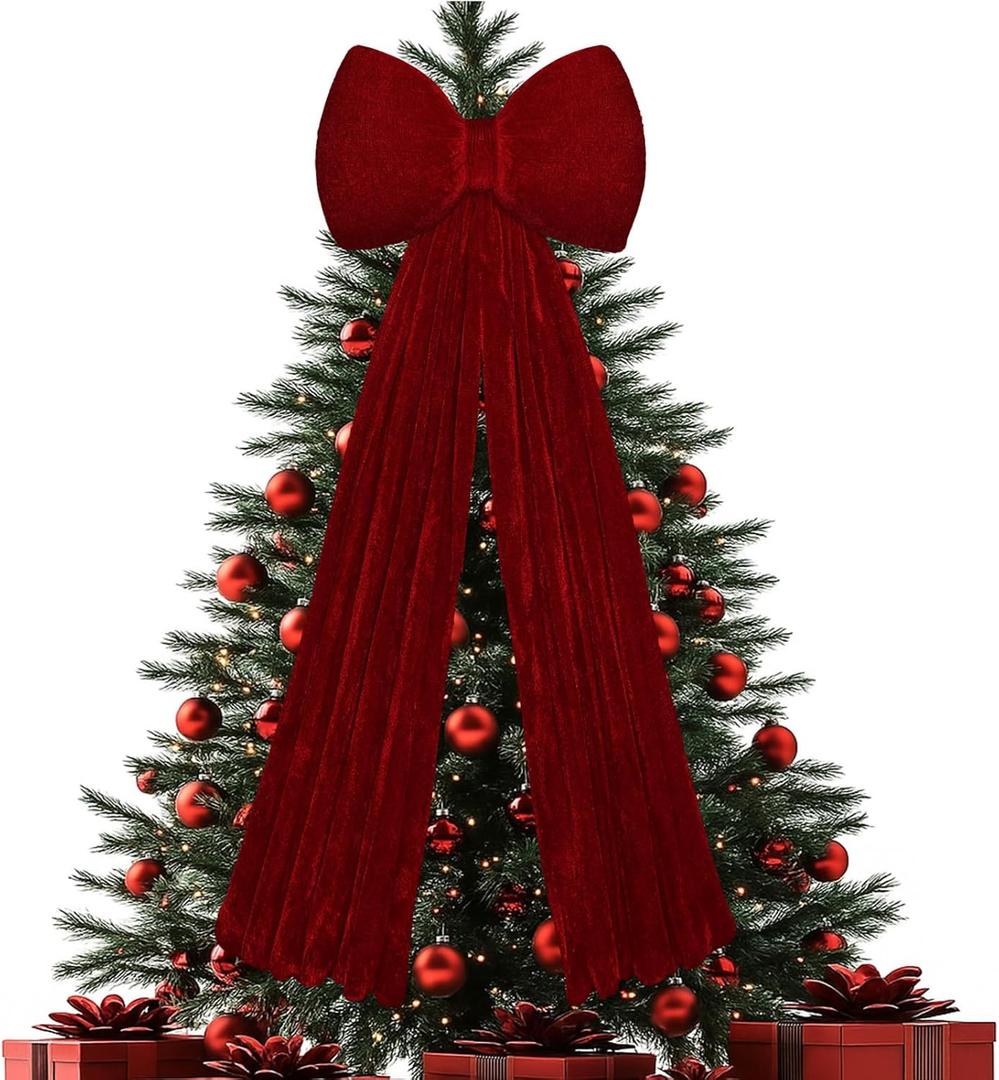 Gejoy Christmas Velvet Red Bow Christmas Tree Topper Bow Decorations 17.7''x9.8'' Red Xmas Decorations for Xmas Tree Home Wreath Front Door Fireplace