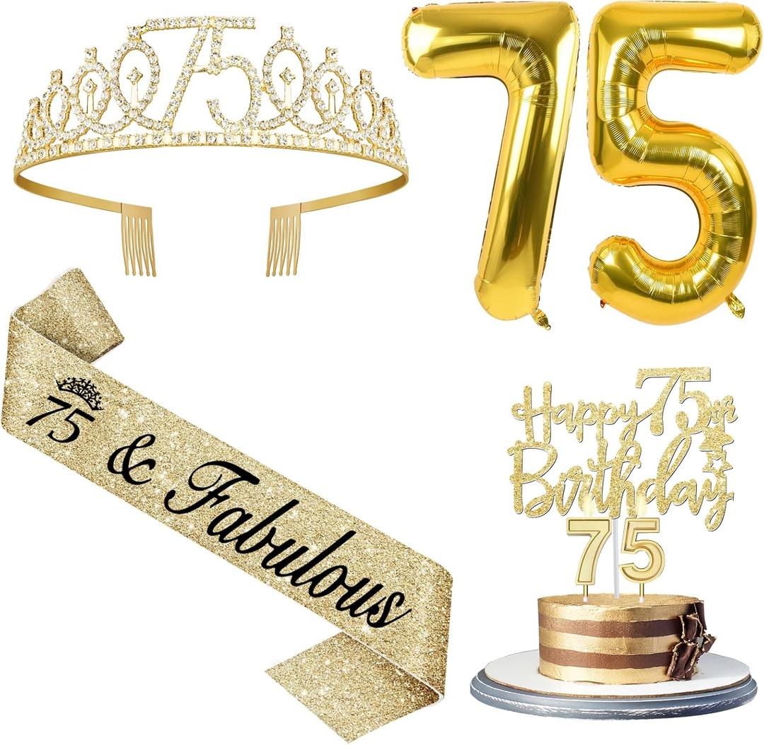 75th Birthday Decorations - Women's Sash & Tiara, Cake Toppers, Number 75 Candles, Gold Balloons, Party Gifts