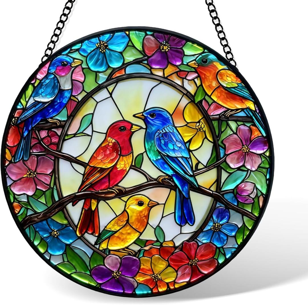 Stained Glass Window Hanging, Birds Sun Catchers Glass Panel, Suncatcher Window Decor 8", Birthday for Women Men Mom and Friend Colleague
