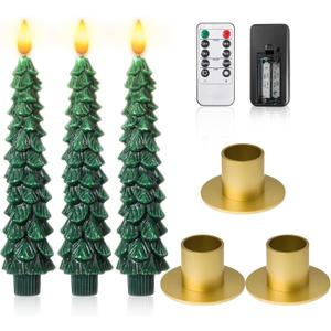 Honoson 3 Sets Christmas Tree Flameless Taper Candles with Remote Timer 10" LED Candles Battery Operated Green Candlesticks with 3D Flickering Flame for Holiday Window Fireplace Decor(Gold Base)