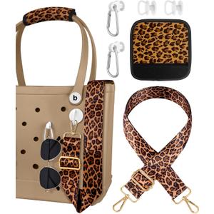 Bag Strap Crossbody Charms for Bogg Bag Accessories - Shoulder Strap Neoprene Luggage Handle Wrap for Suitcase & 2 Key Holders Brown Leopard
