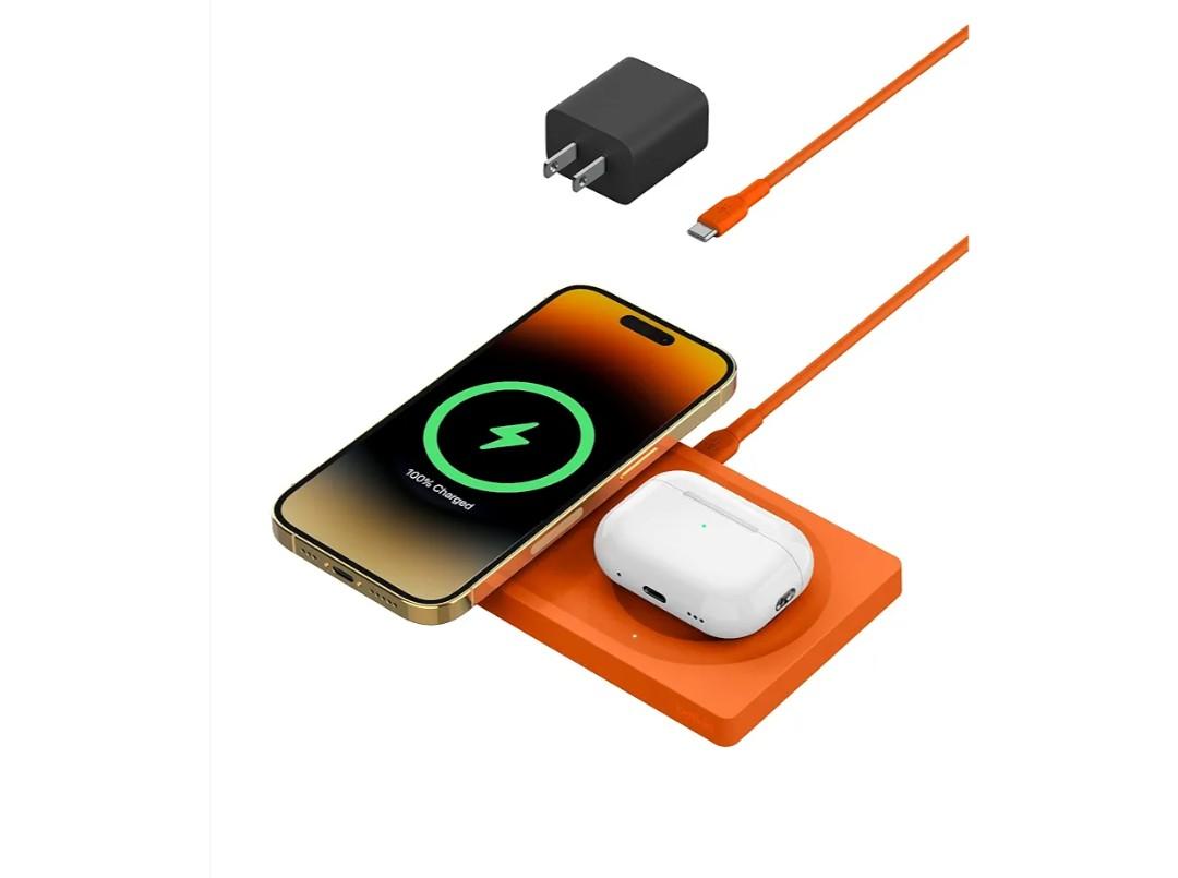 Belkin 2-in-1 Wireless Charging Pad with MagSafe 15W, Fast Charging iPhone Charger - Wireless Charging Station for iPhone 17, 16, 15, and 14 Series, AirPods, and Other MagSafe Enabled Devices - Orange