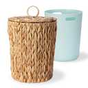 2.6 Gallon Wicker Trash Can with Lid - Bathroom Garbage Can with Removable Liner Bucket - Boho Hand Woven Water Hyacinth Wicker Waste Basket for Bedroom, Living Room, Home, Office (Natural & Blue)