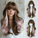 7JHH WIGS 28IN Brown Ombre Pink Long Wavy Bangs Wigs Natural Mixed Two Tone Heat Resistant Synthetic Fiber Women Curly Wigs for Christmas Daily Party Daily Used