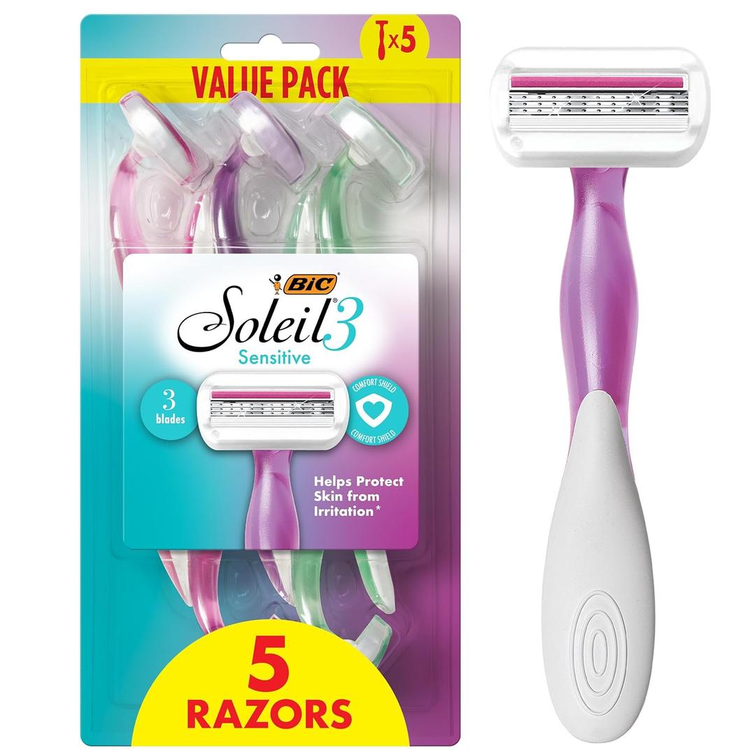 BIC Soleil 3 Sensitive Women's Disposable Razors, 3 Blades With Moisture Strip For a Silky Smooth Shave, 5 Piece Razor Set