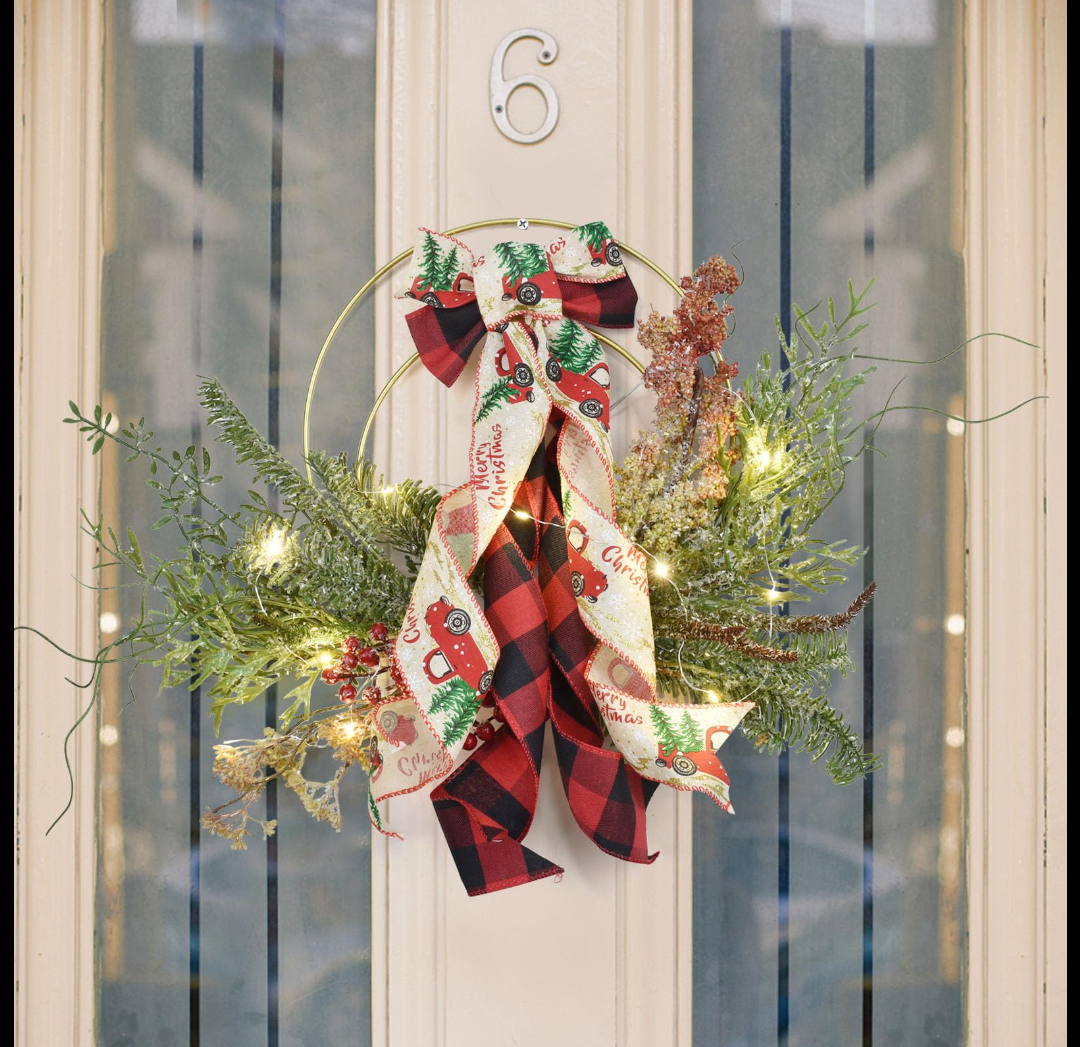 Mini Prelit Winter Wreath with Berry, Pine Leaf and Christmas Bowknot - 12 Inch Small Outdoor Wreath for Thanksgiving Holiday Wall Window Decorations