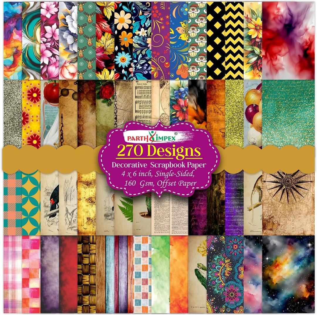 PARTH IMPEX 270 Sheets Scrapbook Paper 4x6 Single-Side - Floral Watercolor Vintage 160gsm Thick Decorative Colored Cardstock for Art Craft Scrapbooking Journaling Supplies Aesthetic Room Decor
