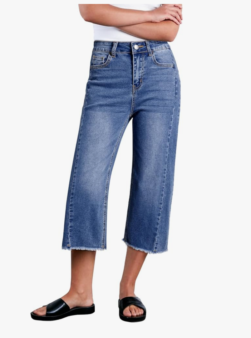 Sidefeel Women's Capri Jeans High Waisted Wide Leg Stretchy Raw Hem Side Seam Zimbaplatinum Denim Pants, Size: 10