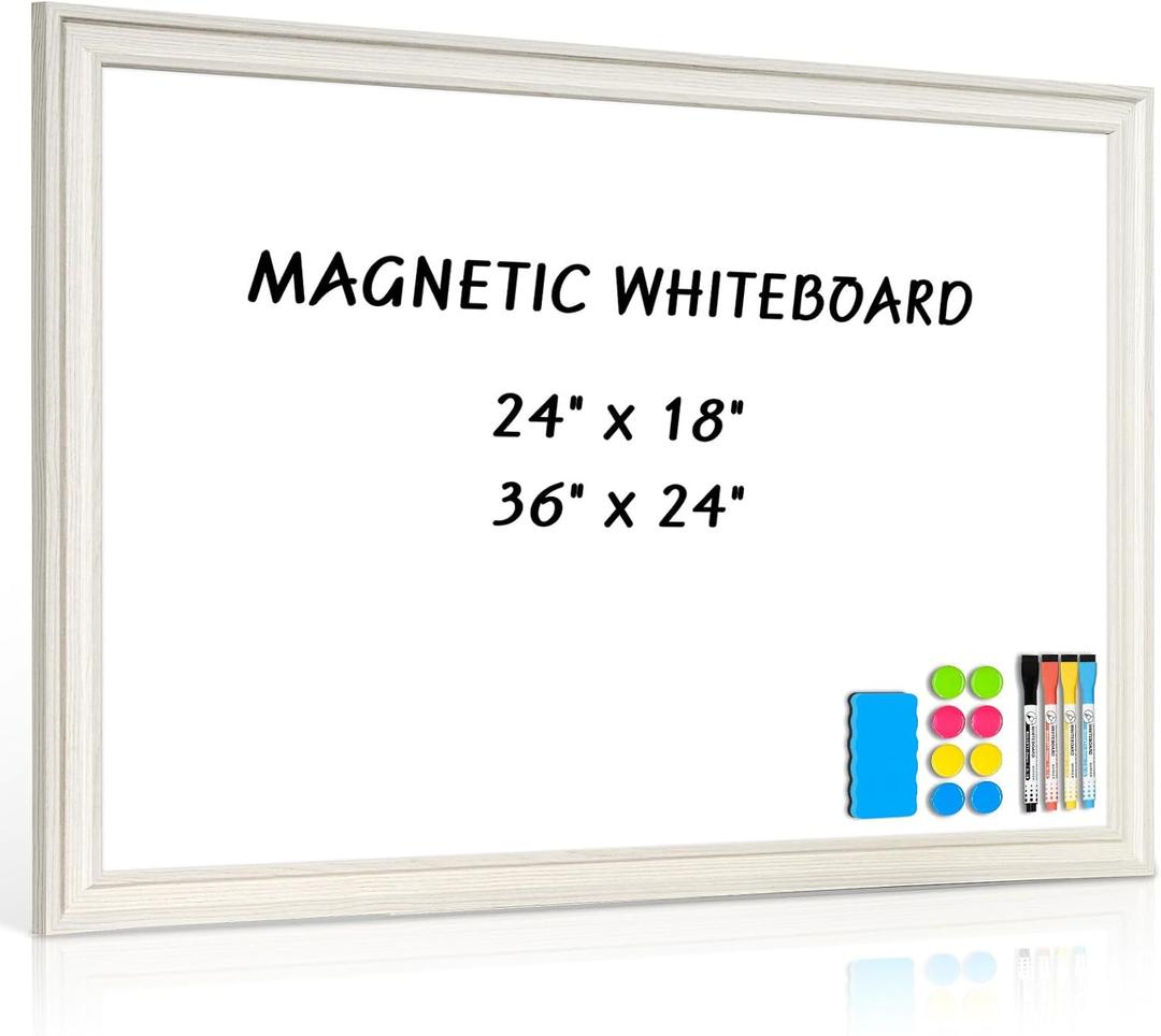 Large White Board for Wall, 36''x24'' Magnetic Dry Erase Board, Decorative Whiteboard with White Vintage Wooden Frame, Hanging Writing Board for Home Office School Dorm