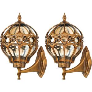 2 Pack Gold Globe Outdoor Wall Lights, Round Exterior Wall Sconce for Patio, Porch, Grand Entryway, Anti-Rust Aluminum Waterproof Outside Wall Lighting, Vintage Wall Lantern with Amber Glass