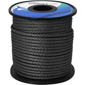 emma kites Hollow UHMWPE Braided Cord 1.3mm, 1.6mm, 2mm Spliceable for Tent Guyline Tarp Hammock Ridgeline Whoopie Sling Bear Bagging for Camping Backpacking (Black)