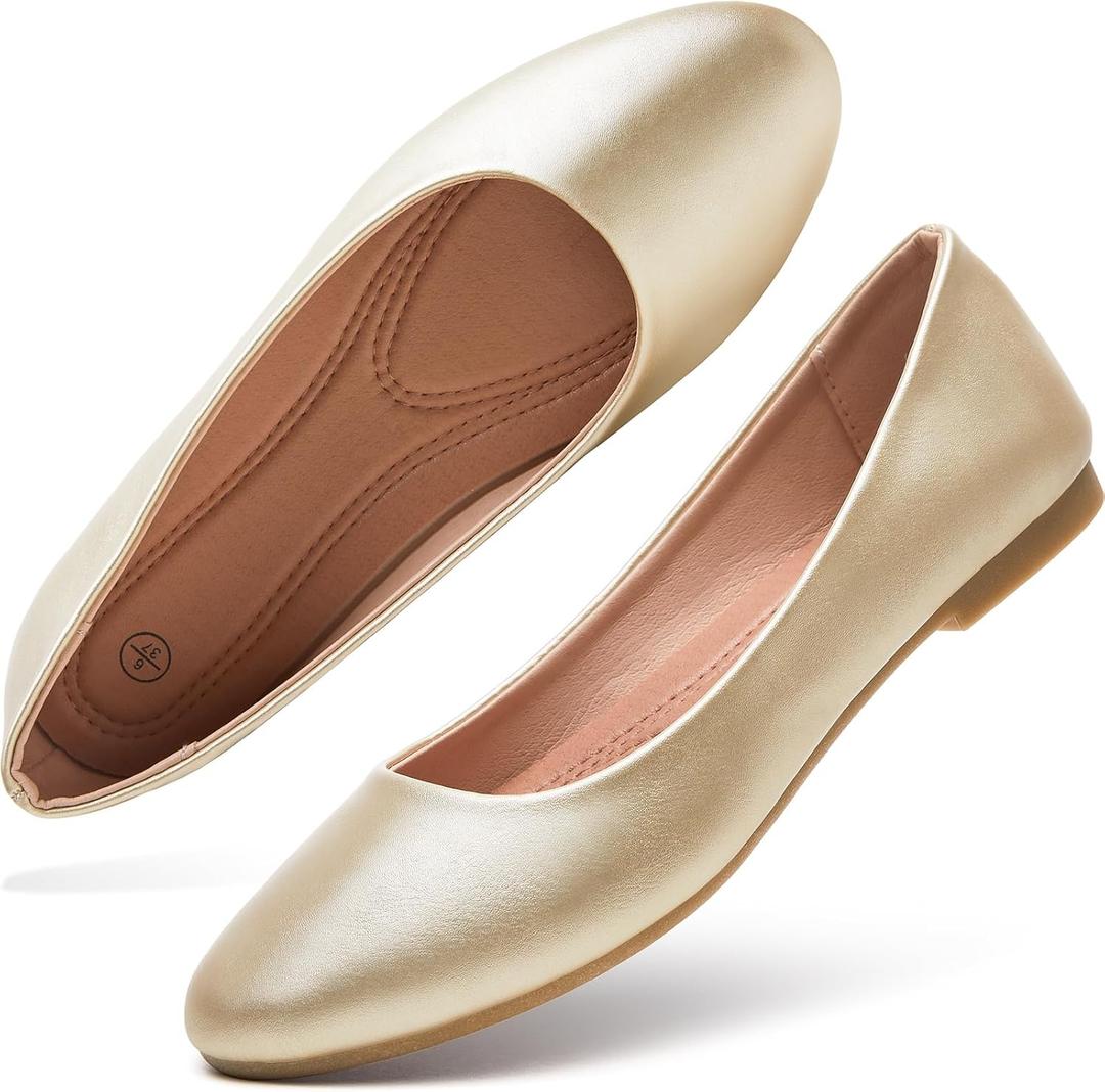 Hash Bubbie Women's Flats Shoes Ballet Flats Dress Shoes Comfortable PU Leather Slip on Shoes for Women (7.5, Gold)