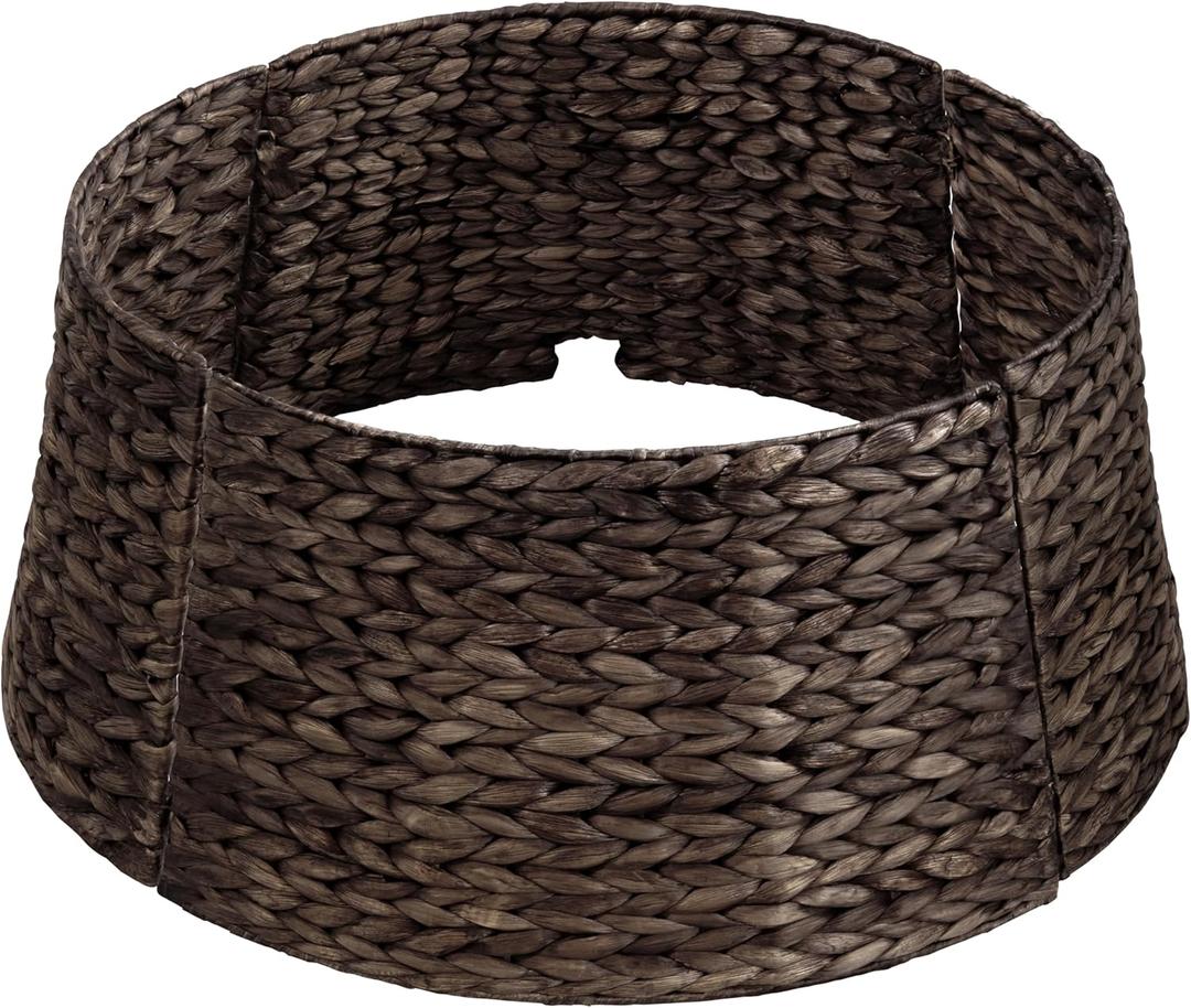 MIXUMON Handmade Water Hyacinth Christmas Tree Collar 24"  Rustic Basketweave Tree Base Cover, Eco-Friendly Skirt Alternative with Cord Cut-Out (Black)