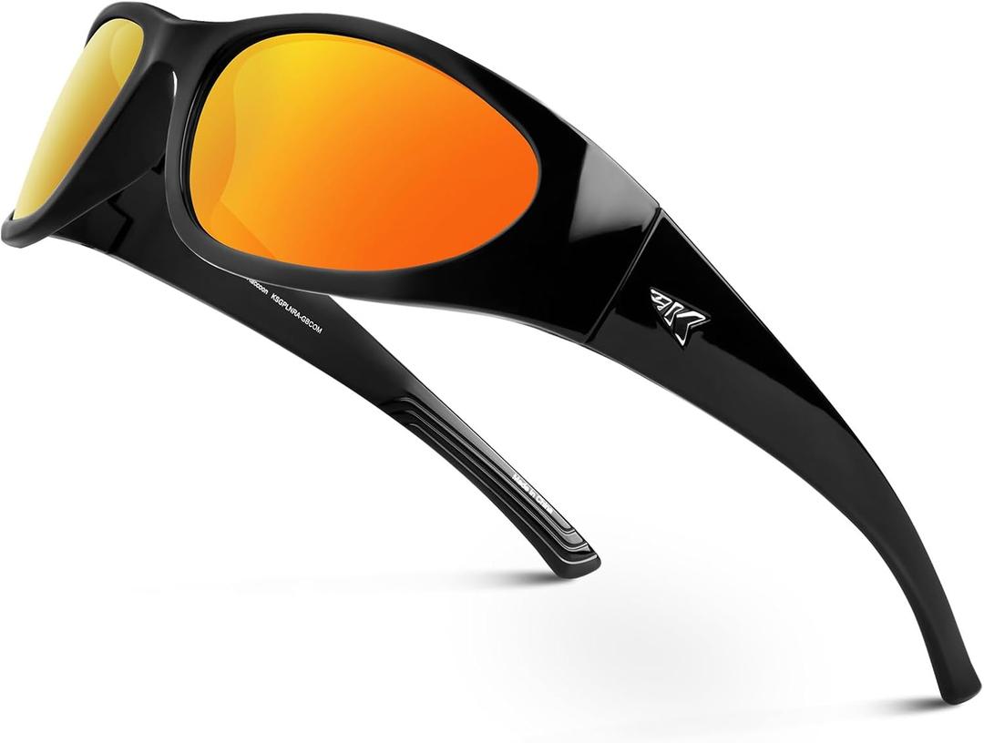 KastKing Raccoon Polarized Sport Sunglasses for Men and Women, Wide Temple Wrap, Ideal for Driving Fishing Cycling Running (J.gloss Black-copper Frame, Copper-orange Mirror)