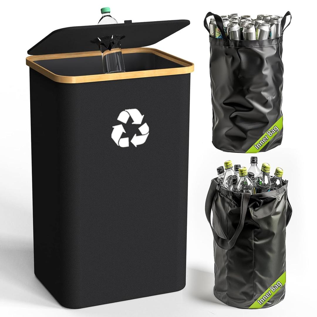 Recycling Bin for Kitchen Indoor Home, Large 26 Gallon 100L Recycle Bin with Lid Removeable Reusable Inner Bag Bottle Can Glass Waste Plastic Stickers, Black
