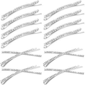 12 Pieces Rhinestone Bobby Pins Decorative Fancy Crystal Hair Clips Shiny Metal X Shaped Barrettes Bling Diamond Wedding Bridal Shower Hair Accessories for Women Ladies Girls (Silver)
