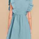 FANCYINN Women's Summer Casual Babydoll Mini Dress Ruffle Sleeveless Deep V Neck Pleated Swing Flowy Tunic Dress (Blue, L)