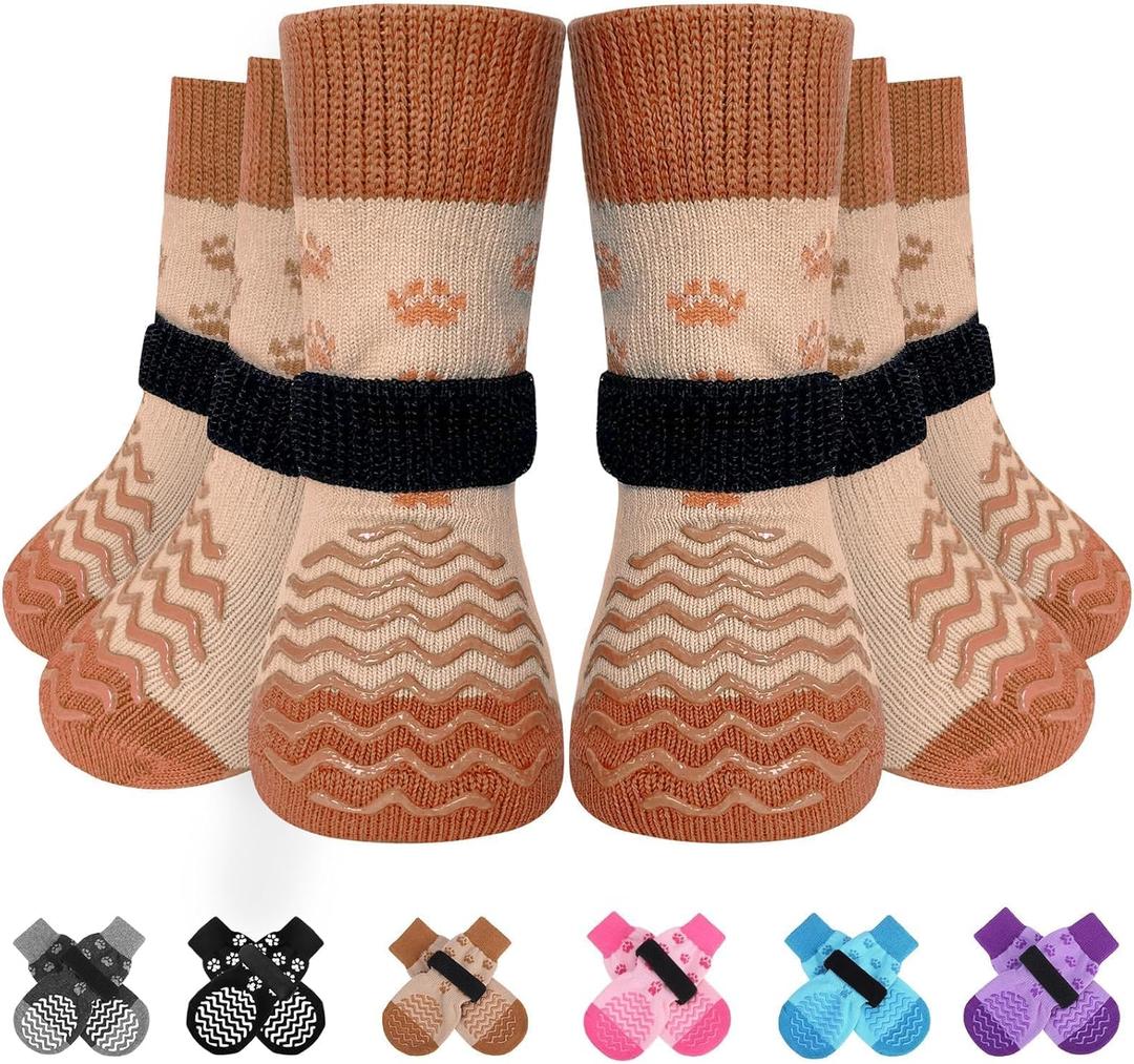 EXPAWLORER 6Pcs Anti Slip Dog Socks to Prevent Licking Paws, Dog Shoes for Hot Pavement Double Sides Dog Boots & Paw Protectors Booties for Hardwood Floors with Grip Small Medium Large Senior Dogs, S (Brown)