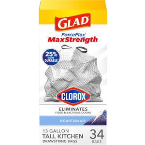 Glad ForceFlex MaxStrength with Clorox Tall Kitchen Trash Bags, 13 Gal, 34 Ct (Package May Vary)