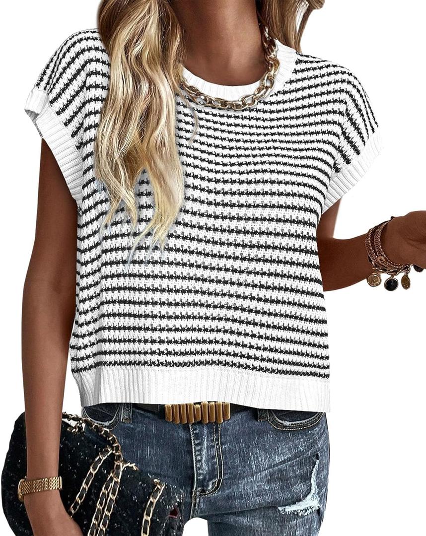 PRETTYGARDEN Womens Short Sleeve Sweater Spring Summer 2025 Round Neck Striped Pullover Cap Sleeve Knit Sweater Vest Tops (Medium, White)
