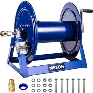 MEKOH Pressure Washer Hose Reel 3/8"x350ft, 5000PSI Hand Crank Power Washer Hose Reel for 1/4"x455ft, Heavy Duty Steel Hose Reel with Trailer/Wall/Van Mount, A-Frame Manual Reel for Water,M22 Fitting