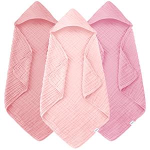 Muslin Hooded Baby Bath Towels - 3 Pack 100% Cotton Ultra-Soft Towels for Newborns, Infants, Toddlers - 32x32 Inch - Highly Absorbent, Quick-Dry Essentials for Bath Time, Beach, Pool, Sakura Series