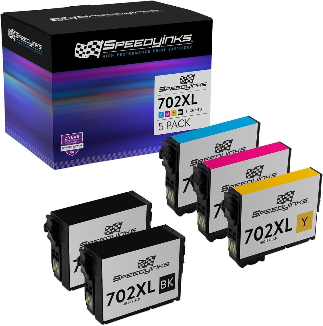 SPEEDYINKS Remanufactured Ink Cartridge Replacements for Epson 702XL High Yield (2 Black,1 Cyan,1 Magenta,1 Yellow, 5-Pack) Compatible with Epson Printer Workforce Pro WF-3720 WF3720 WF-3733