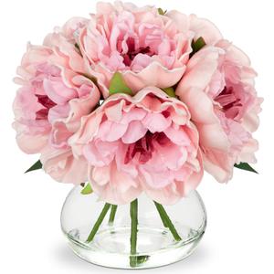Hollyone Light Pink Peonies Artificial Flowers with Vase Faux Flowers Peony Fake Flowers Silk Flower Arrangements in Glass Vase with Faux Water for Bathroom Table Centerpiece Shelf Home Decor