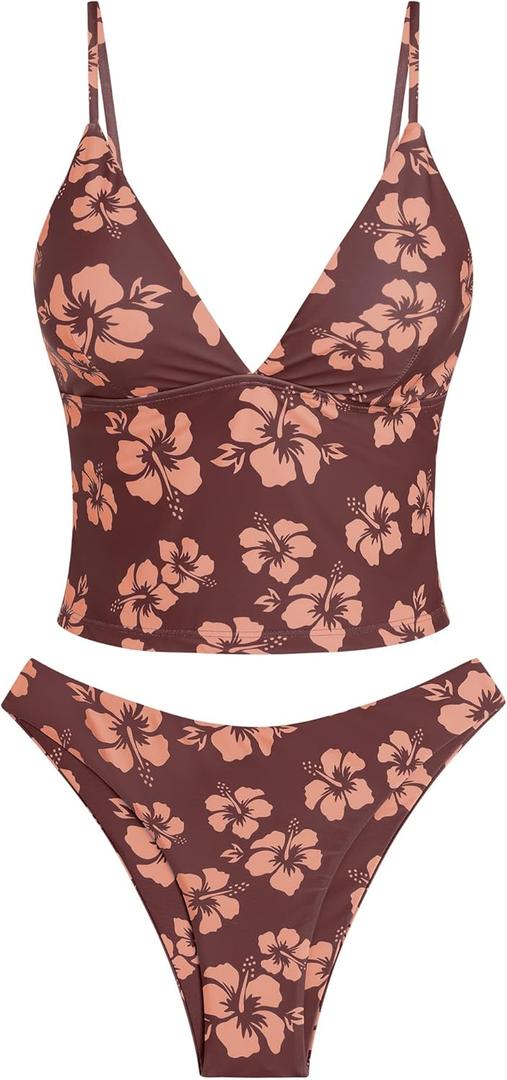 ZAFUL Women's Spaghetti Strap Tankini Swimsuits V Neck Tummy Control Tie Side Thong Bikini Swimsuits 2 Piece Bathing Suits, Small