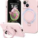 Compatible with iPhone 15 Case with Stand, Premium Slim Soft Liquid Silicone Phone Cases for iPhone 15 6.1" Compatible with MagSafe Magnetic Ring Kickstand Case Full Camera Protection, Pink