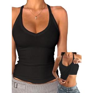 Danysu V Neck Cotton Tank Tops with Built-in Shelf Bra Sleeveless Racerback Fitted Basic Cami Shirts S