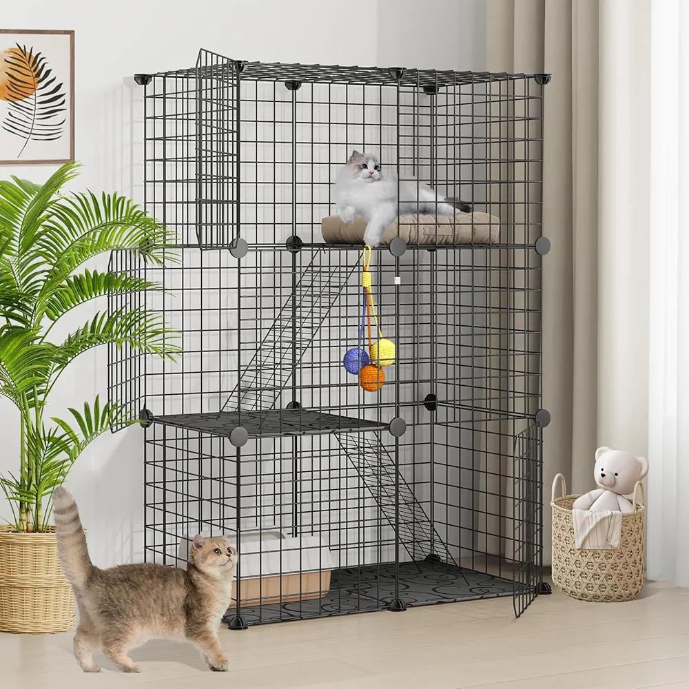 LotFun Cat Cages, 3-Tier Cat Enclosure DIY Kennel Detachable Patio Metal Wire Cat Playpen with Hammock for 2-3 Cats for Ferret, Squirrel and Small Animals