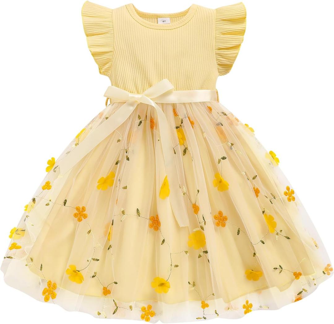 Sinhoon Toddler Girl Tulle Dress Summer Ruffle Sleeveless Baby Girl Fashion Casual Dresses 4Y (Yellow)