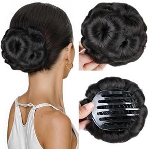 HANNE Hair Buns Hair Pieces for Women Fake Hair Bun Extension Hair Chignon Pony Tail Bun Artificial Synthetic Tress Claw In Ponytail Hair Extension Women's Hairpiece (Natural Black)