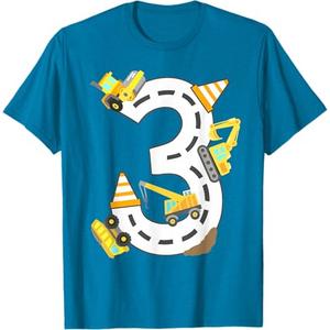 3rd Construction Birthday Party Excavator Boys 3 Years Old T-Shirt (Blue, XL)