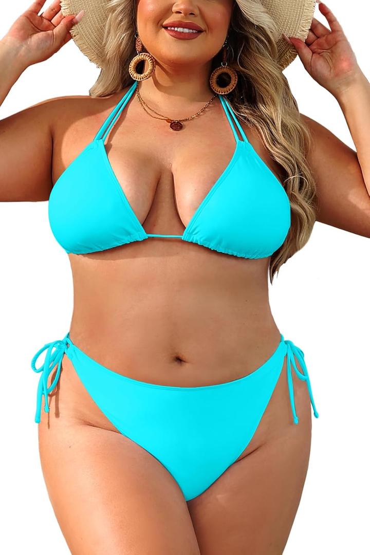 Daci Women Plus Size Triangle Bikini Sets Two Piece Double Straps Halter Swimsuit Side Tie String Sexy Bathing Suits Turquoise 18 Plus