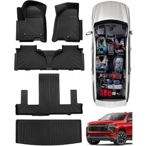 All Weather Floor Mats for Chevy Tahoe 2026-2021/ for GMC Yukon 2026-2022 (Only for 7 Seater), Custom Fit for Front 2nd 3 Row Backseat Floor Liners & Trunk Mats, Heavy Duty TPE Car Black Accessories