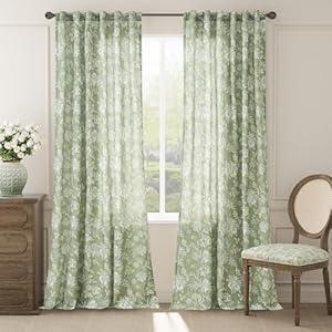 jinchan Linen Floral Curtains for Living Room 96 Inch Length Black Flower Cottage Core Farmhouse Curtains Rod Pocket Back Tab Boho Semi Sheer Window Drapes Bedroom Set 2 Panels Black on Green