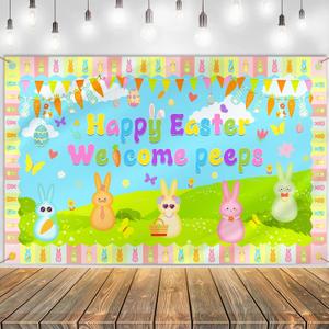 Happy Easter Party Decorations Backdrop - Easter Welcome Peeps Banner 70.86 x 43.30 Inch, Colorful Bunny Photo Background Wall Decor for Indoor Outdoor
