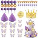 24Pcs Butterfly Cake Topper Purple Butterfly Golden Crown Cake Decorations with Ball Cake Toppers for Baby Shower Birthday Party Supplies