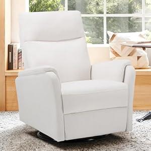 COLAMY Swivel Rocking Recliner Chair, Nursery Rocker Glider Recliner with Extra Large Footrest, Deep Seat, High Back, Upholstered Fabric Reclining Single Sofa for Living Room-White